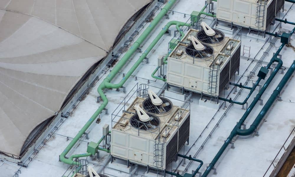 Aerial view of data center cooling towers and drainage pipes used in stormwater design