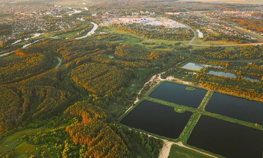 Aerial view of a series of basins used in detention pond design and stormwater control