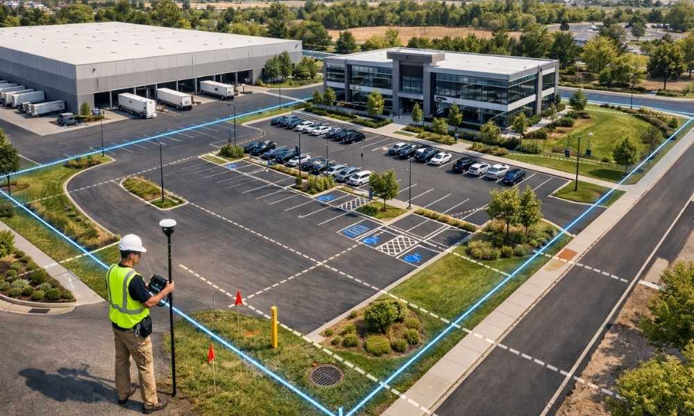 A land surveyor performing an ALTA survey at a commercial property with clearly marked boundaries, parking areas, and office and warehouse buildings