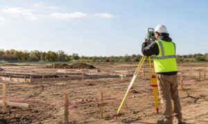 Construction survey in progress as a surveyor sets layout stakes at a building site