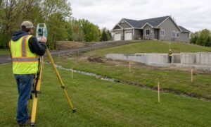 Land surveyors collecting elevation and topographic data on a sloped residential property in Michigan