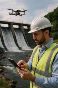 Civil engineer in safety gear using a tablet while a drone inspects a dam to show modern dam inspection technology
