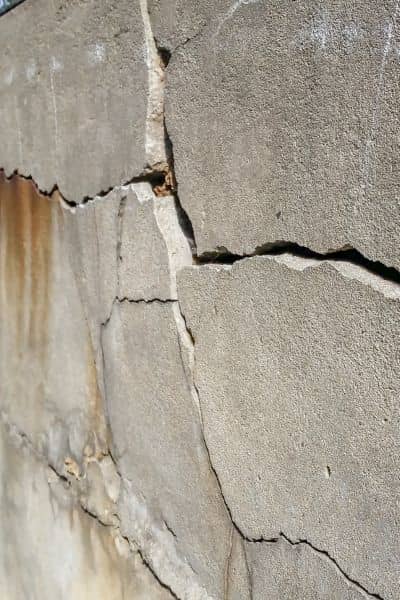 Large cracks in a concrete wall caused by poor soil testing and unstable ground