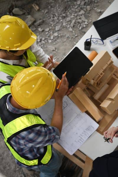 Project management balancing act shutdown - ALTA SURVEY Michigan Project management team reviewing site plans and models to keep construction on track during shutdown delays
