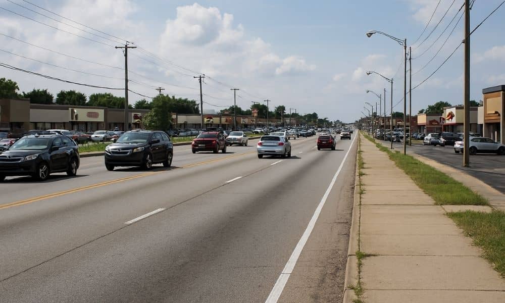 Urban planning view showing a busy multi-lane roadway with strip malls, driveways, and narrow sidewalks designed for cars