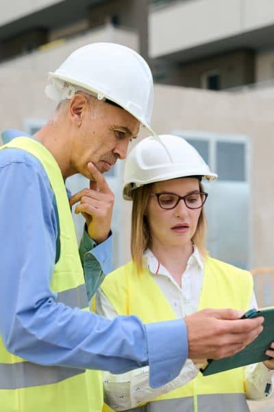 Two construction engineers reviewing digital site plans on a tablet at a job site, illustrating teamwork, precision, and technical expertise in construction engineering