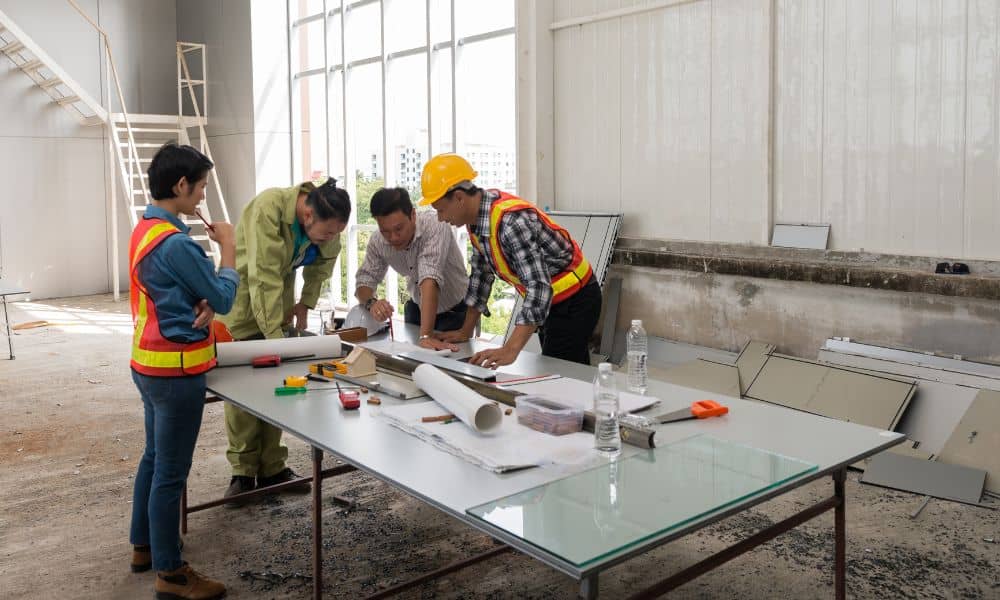 Engineers reviewing a site plan together during a school construction project