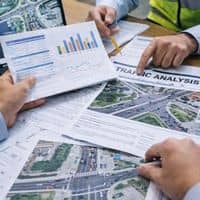 Traffic engineers reviewing a traffic study with intersection data and roadway analysis during project planning