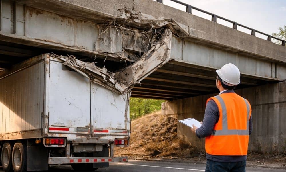 Structural inspection underway after a truck struck a highway bridge causing visible beam damage