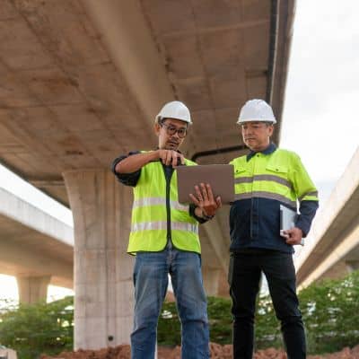 Engineers performing a structural inspection beneath a highway bridge after a vehicle impact