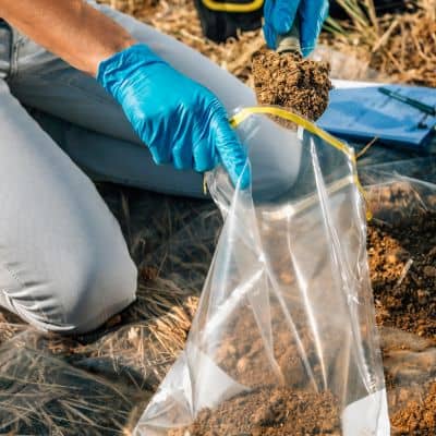 Soil engineer collecting field soil sample for compaction and ground stability testing