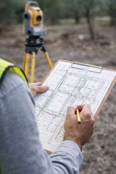 Surveyor taking measurements on-site to support utility planning in land development
