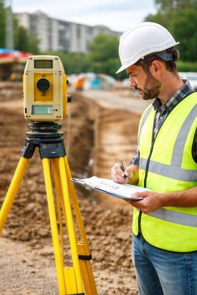 Land surveyor measuring a construction site to support accurate engineering services and better infrastructure planning