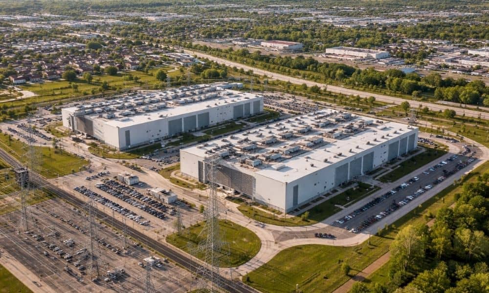 Large data center facility with power lines, roads, and surrounding land showing how urban engineering supports city infrastructure