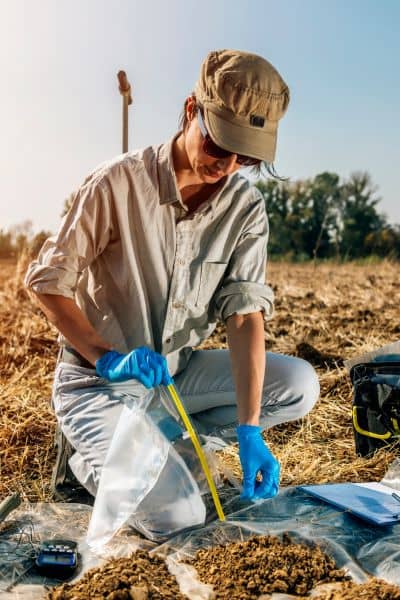Engineer collecting soil sample to support stormwater design decisions based on site conditions