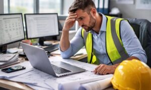 Overloaded project manager desk - ALTA SURVEY Michigan Construction manager overwhelmed with multiple tasks and project approvals causing delays in construction management