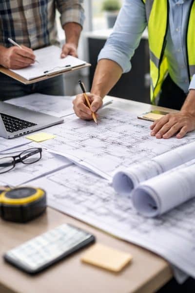 Project plans review desk - ALTA SURVEY Michigan Engineer reviewing construction drawings and documents to keep construction management tasks moving forward