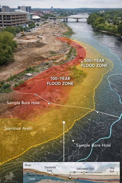 Aerial view of a riverfront redevelopment area showing flood zones, terrain layers, and site conditions used in environmental engineering to assess how the Grand River affects nearby land stability and development planning.