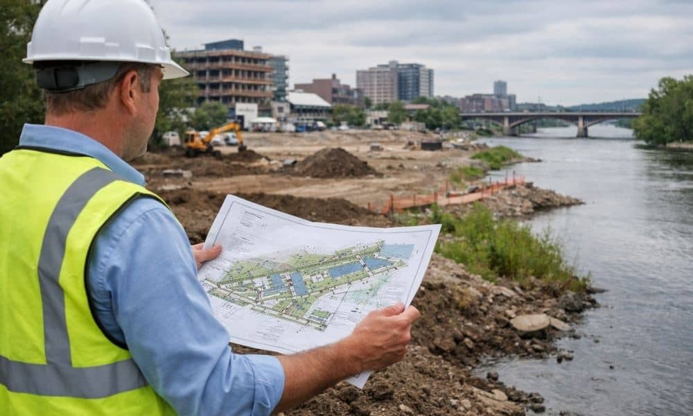 Civil engineer reviewing site plans at a riverfront redevelopment project showing environmental engineering work near a riverbank with early stage development activity
