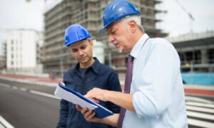 An engineer reviewing site plans with a client before a commercial project begins