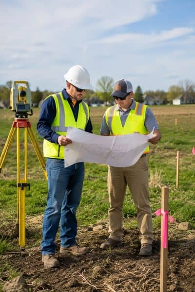 Civil engineer and land surveyor reviewing subdivision plans beside survey equipment on an undeveloped property site