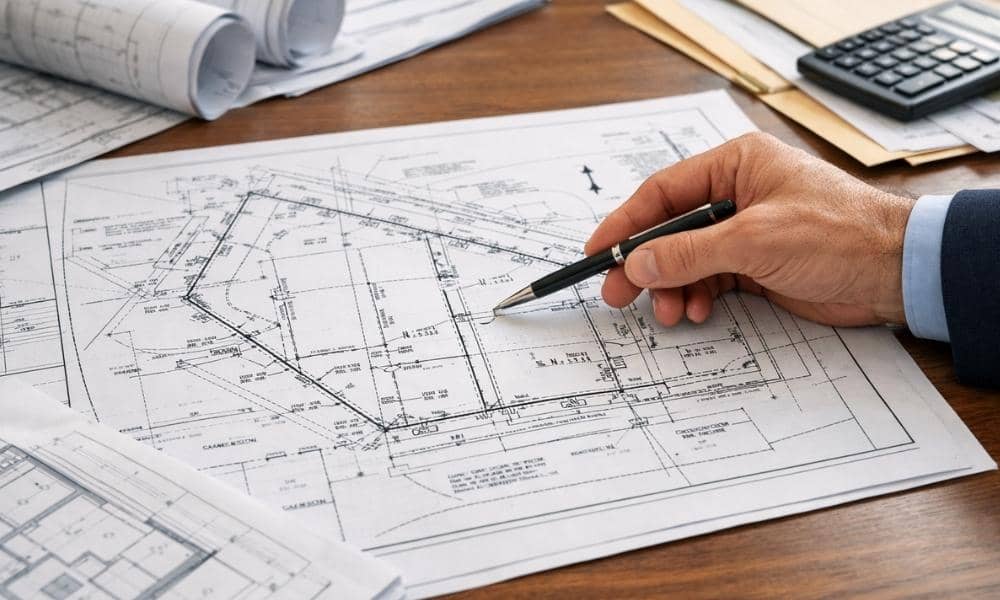 Property owner reviewing a plat of survey showing property boundaries and survey measurements
