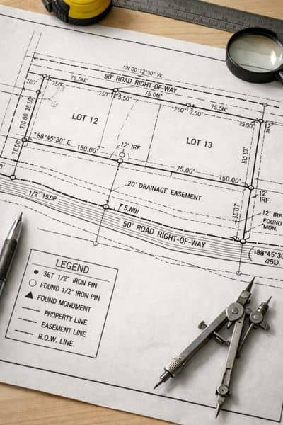 Plat of survey showing property lines, easement markings, survey symbols, and legend