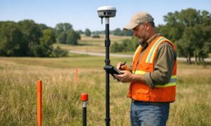 Boundary survey land subdivision - ALTA SURVEY Michigan Licensed land surveyor using GNSS GPS equipment to perform a boundary survey on rural land before legal subdivision