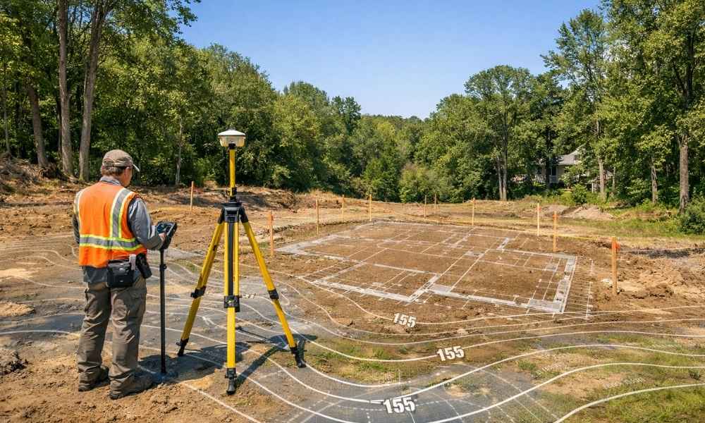 Land surveyor using GPS equipment to perform a topographic survey on a residential construction site before design and grading