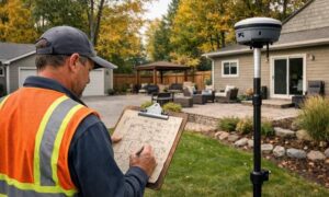Updating an old property survey - ALTA SURVEY Michigan Land surveyor reviewing an old property survey at a residential property with recent improvements