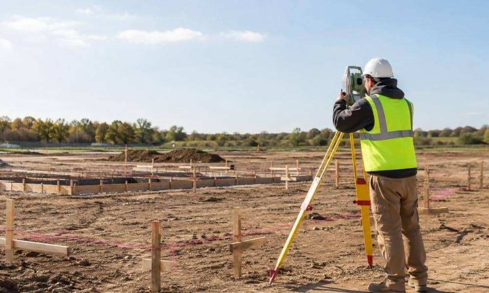 Construction survey in progress as a surveyor sets layout stakes at a building site