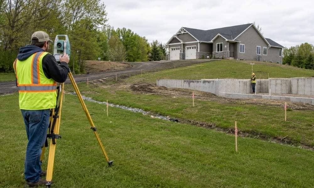 Land surveyors collecting elevation and topographic data on a sloped residential property in Michigan