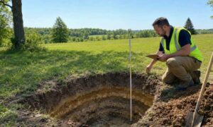 Michigan septic soil test - ALTA SURVEY Michigan Inspector checking soil conditions on a Michigan property for a septic system evaluation